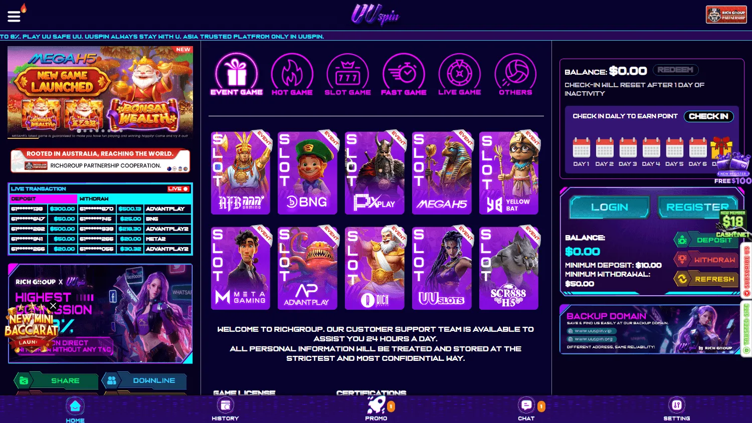 Uuspin Casino Australian home screen on desktop