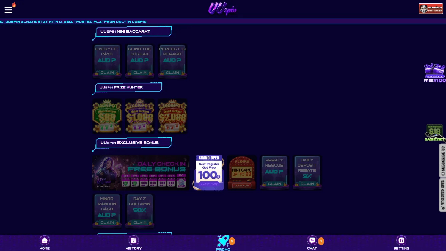 Uuspin Casino promotions area on desktop