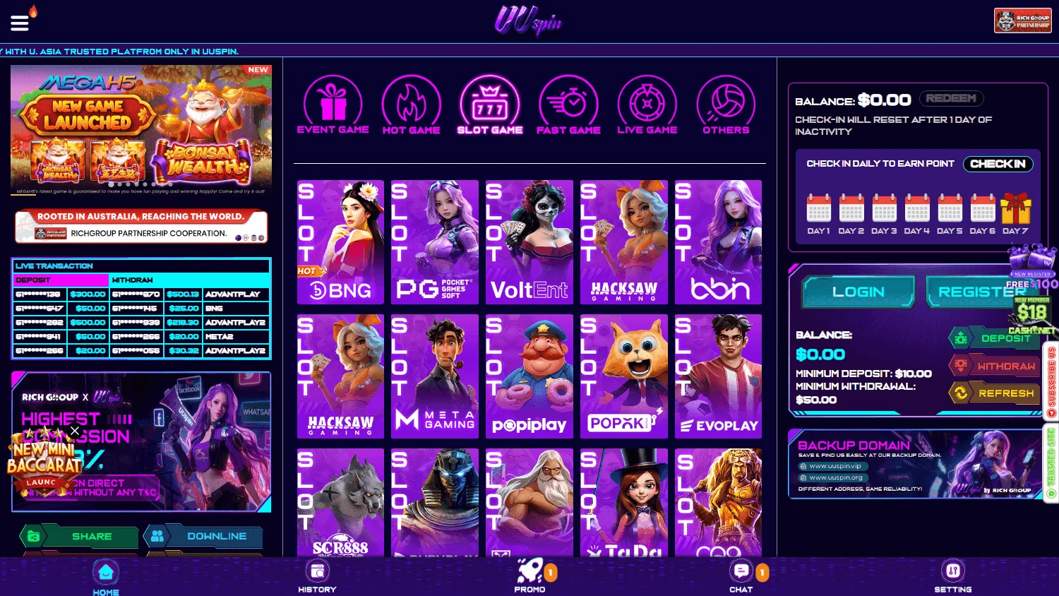 Uuspin Casino games lobby on desktop